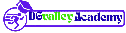 alt="DGValley Academy logo featuring a blue outline, green and dark blue modern font, and a running figure with graduation cap symbolizing digital learning and growth"